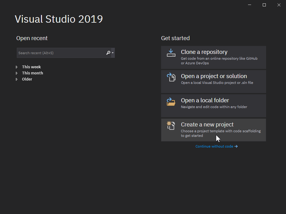 Visual Studio Start Screen